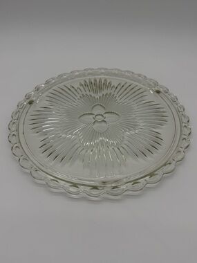 VTG 60's 70's Indiana Clear Glass 11" Footed Cake Plate Floral Sunburst